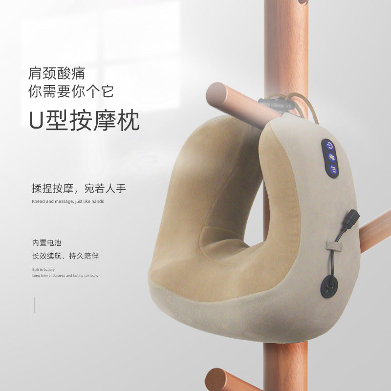 Electric U-Shaped Memory Foam Neck Massager Pillow for Travel & Home | 电动U型记忆棉颈椎按摩枕 (旅行家用两用)